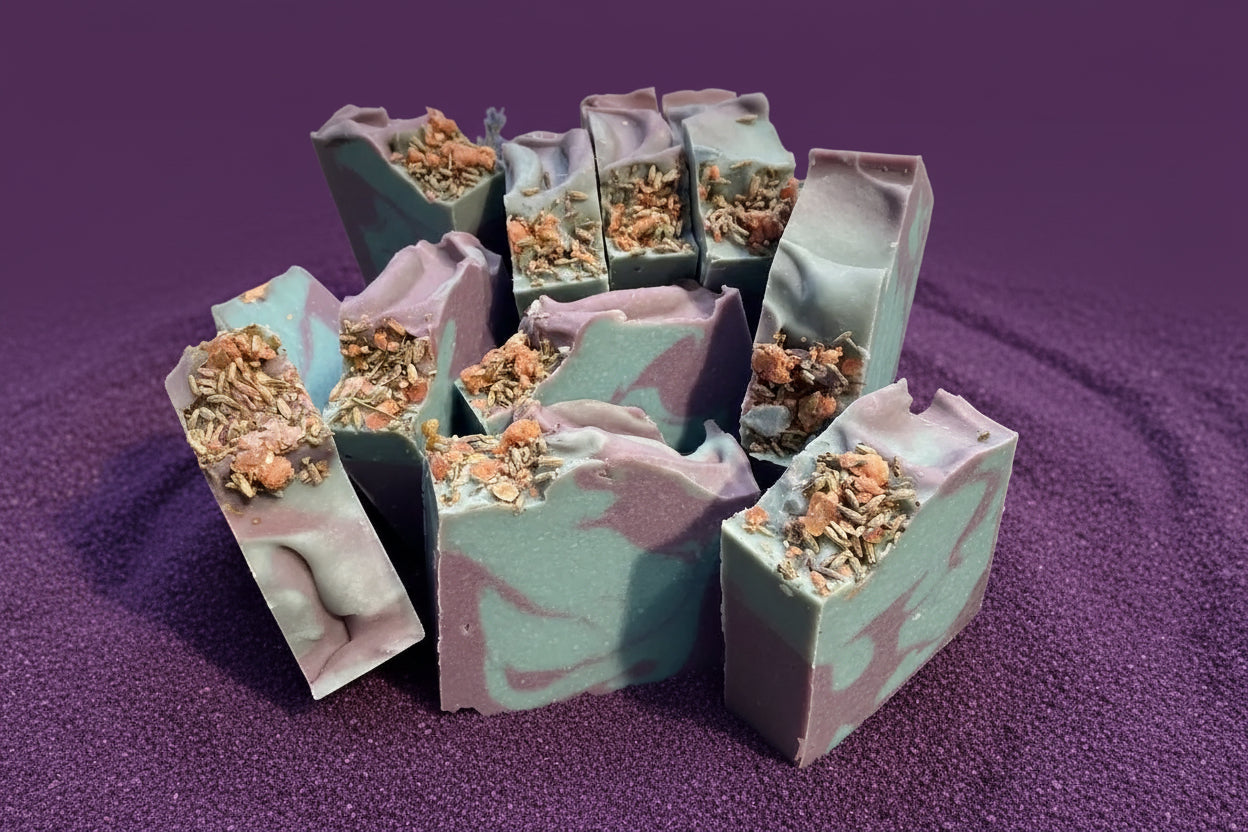 Salted lavender in a bed of lavender and stones